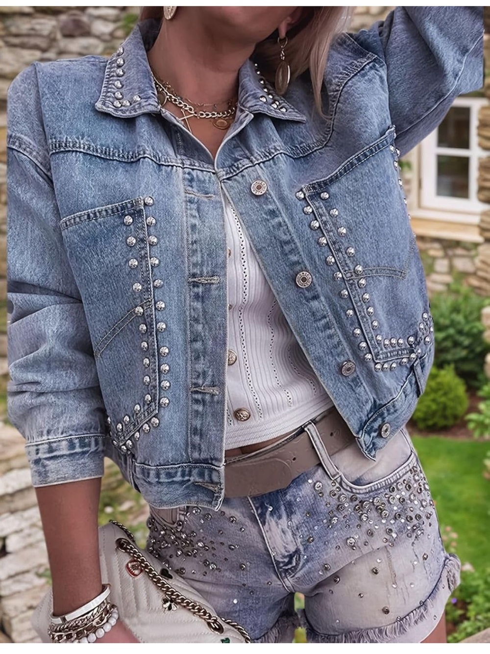 Light Wash Denim Jacket studded jean blazer long sleeve - Picture 6 of 6